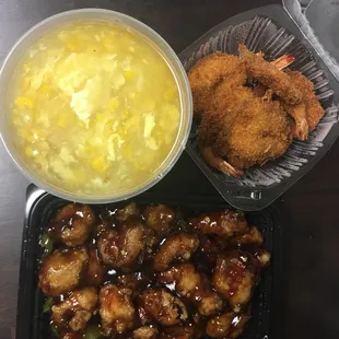 Egg drop soup, Fried Prawns, General's Chicken.