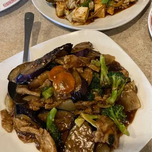 Pork &amp; Eggplant in foreground; Szechuan Tofu in background.