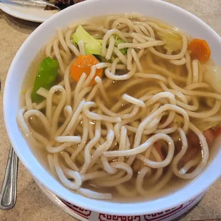 BBQ pork noodle soup...barely any BBQ pork slices to be seen! Also you can see the cabbage piece on the right of the bowl has brown spots!