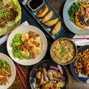a variety of asian dishes on a table