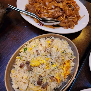 BBQ Pork fried rice, beef chow mien