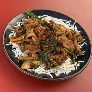 a plate of food with rice and meat