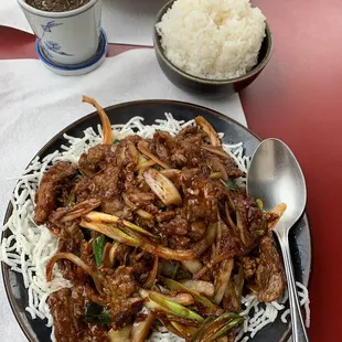 Mongolian Beef with a side of SMALL white rice.  - Delicious, heavy so be prepared to be full!!