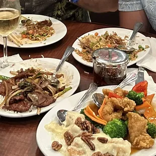 Mongolian Beef, Walnut Shrimp, Honey Chicken.