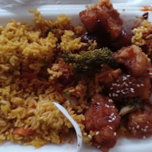 Supposed to be sesame chicken but some pork its not chicken and I ordered shrimp egg rolls and I got pork egg rolls and I repeated