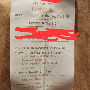 the receipt for the restaurant
