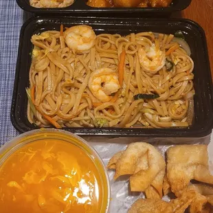 Sesame chicken, shrimp lo mein, egg drop soup, crab rangoons