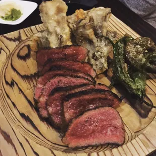Wagyu special with shisito peppers and mushrooms