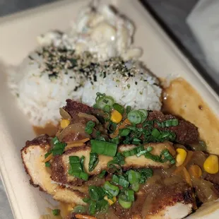 Chicken Katsu Curry Bowl $18 Steamed rice, Japanese curry, Mac salad. All are dairy-free!!