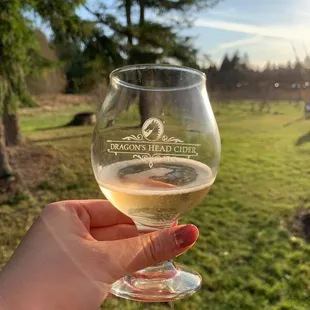 The Sparkling Perry pear cider against the beautiful orchard backdrop!