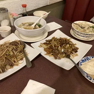 Beef Chow Fun, moo Mu Shu Por, shrimp soup.