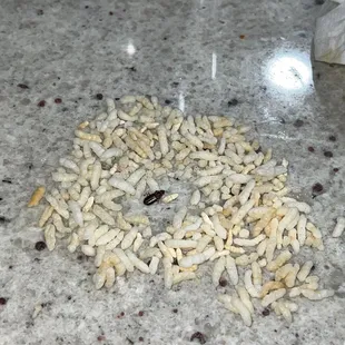 a pile of white rice on a kitchen counter