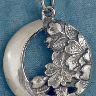 Crescent Moon and Cherry Blossoms Solid Sterling Silver Pendant