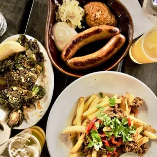 BRUSSEL SPROUTS , LOADED PORK FRIES, SAUSAGE PLATE