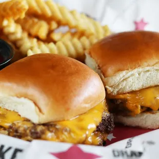 two cheeseburgers and fries