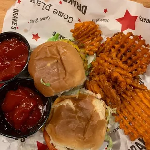 Juicy Lucies with sweet potato fries