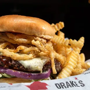 a cheeseburger and fries