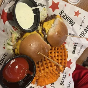 Juicy Lucy with sweet potato fries