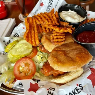 Buffalo Chicken mini sliders with sweet potato waffle fries
