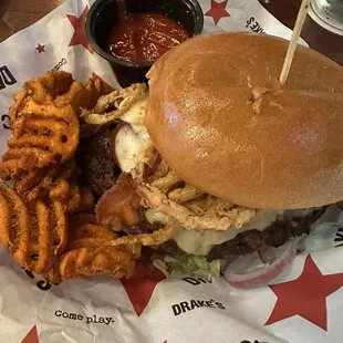BBQ burger with sweet potato fries