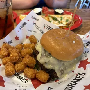 Mushroom Swiss Burger and tater tots