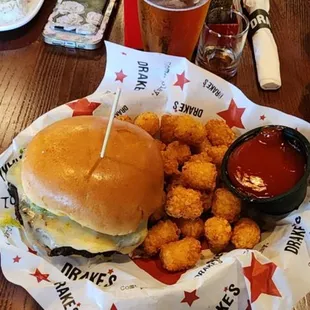 Black bean burger and tots.