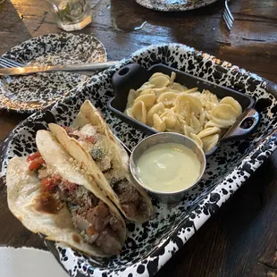 Brisket Tacos with mac and cheese
