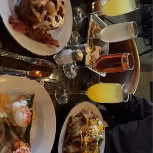 Bread pudding, chiliquilles, and salmon Benedict