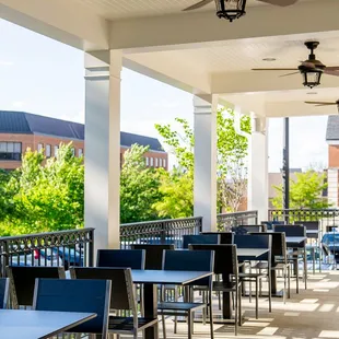 a patio with tables and chairs