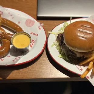 Pretzel, burger and fries on Game Room side.