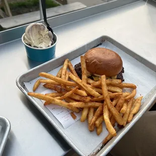 Dream burger, fries, double scoop of brown sugar ice cream and popcorn milk duds ice cream