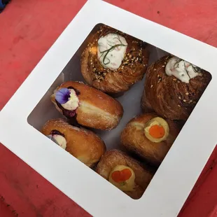 Clockwise from top, Everything croughie x 2, Tropic Thunder x 2, and Electric Blue doughnuts x 2.