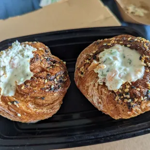 Everything croughies - smoked salmon, cream cheese, chives, dill, pickled red onions, everything bagel - Chaat Masala.