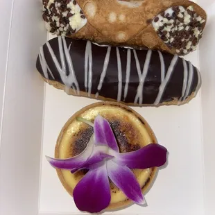 Crème brûlée tart, cannoli, and eclair