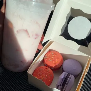 Dream House Strawberry drink with fruity pebble and lavender macaroons