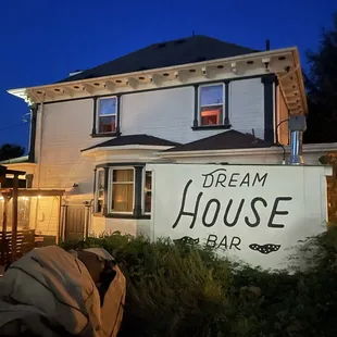 the front of the house at night