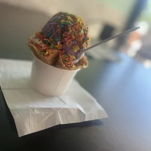 Fruity perplex, with strawberry shortcake and Taro ice cream in a waffle cup