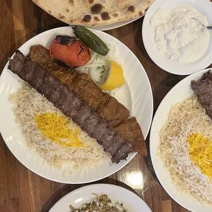 Soltani, beef kobodeh, yogurt , and kasheke bademjoon.