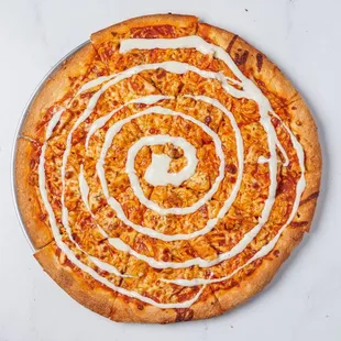 alal Franks Hot Chicken Pizza: featuring hot sauce, halal chicken, mozzarella cheese, and a zesty touch of ranch