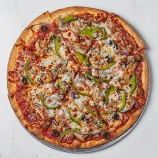 Zabiha halal delight with our savory pizza topped with Halal Canadian bacon, halal pepperoni, Halal Italian sausage, onions, mushrooms.