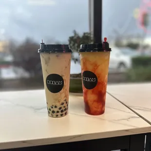 Dream Tea: Jasmine Milk Tea with 30% sweetness and boba / Peach Lava