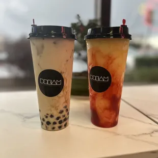 Dream Tea: Jasmine Milk Tea with 30% sweetness and boba / Peach Lava