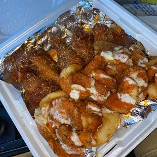 Buffalo Lemon pepper and ranch Saucy Fries and Buffalo Lemon pepper and Garlic Parmesan Wings