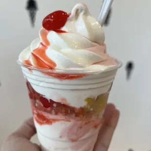 My pineapple fluff creation - sundae with honeymoon and marshmallow fluff using strawberry + vanilla soft serve