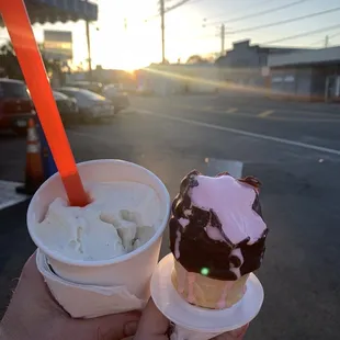 Banana pudding malt shake, strawberry chocolate dipped kids cone