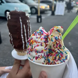 Chocolate dipped cone &amp; vanilla and dole whip with sprinkles!