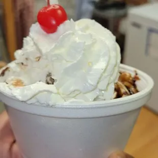 a hand holding a bowl of ice cream