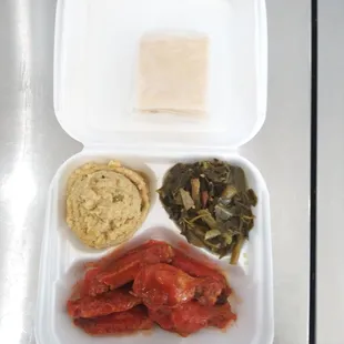 Hot wing meal with collard greens and dressing...Delicious as well...