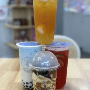 Dreamy Tea; Peach Lychee with Lychee popping pearls, watermelon mojito; Taho (silky tofu, tapioca pearls, &amp; brown sugar)