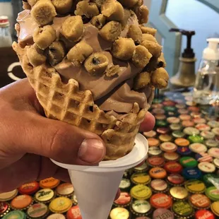 Cholocate Waffle cone with cookie dough toppings!